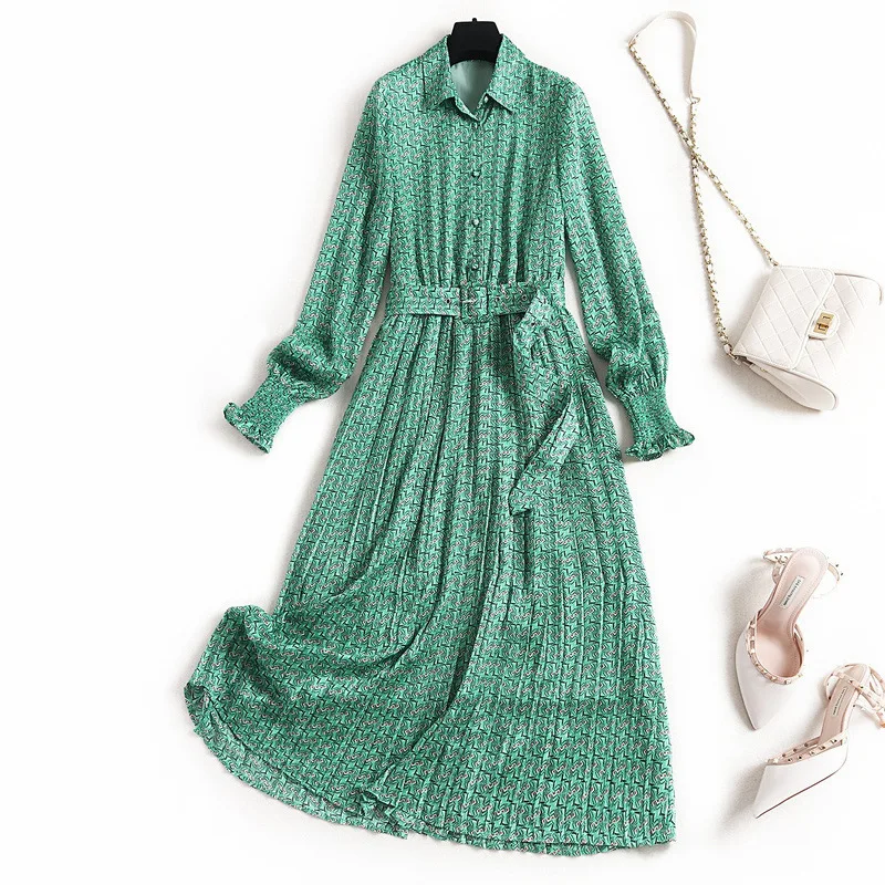 

Print Shirt Dress 2020 New Dresses for Adult Women Sashes Vintage Flare Sleeve Turn-down Collar Women's Dress for Everyday