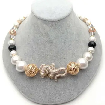 

20'' White Sea Shell Pearl Onyx Cz pave Necklace