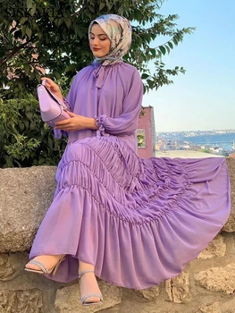 

Siskakia Chiffon Maxi Long Dress for Women Elegant Light Purple Frill Stand Collar Bow Dubai Arabic Turkey Muslim Clothes 2020