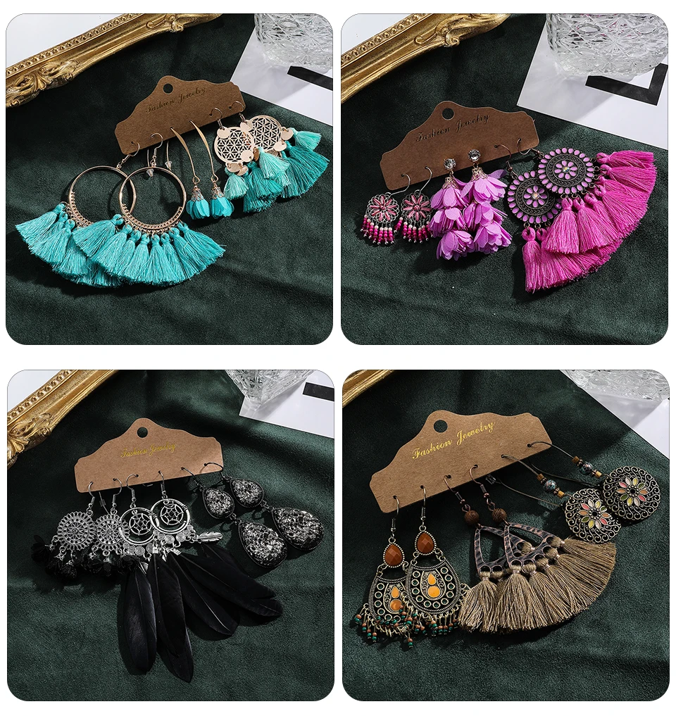Ethnic Sundry Color Feather Tassel Earrings Sets Bundles for Women 2020 Boho Vintage Metal Water Drop Earring Jewelry Gifts Accessories Wholesale Dropshipping (243)