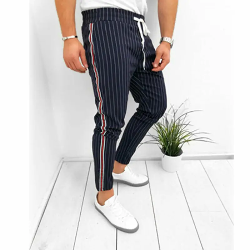 Модные трендовые мужские облегающие повседневные Летние Осенние полосатые длинные узкие брюки простые офисные деловые праздничные брюки