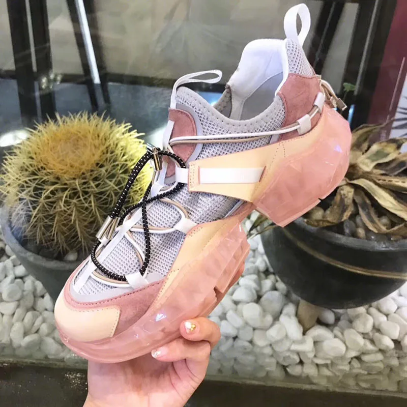 

Cross Tied Design Mix Color Clunky Sneakers Brand Design Women Casual Trainers Stretch Cloth Mesh Flat Crystal Heel Shoes