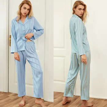

Ladies S M L Silky And Comfortable Pajama Suit Solid Color Long-sleeved Silk Pajamas Suit Women Casual Home Wear