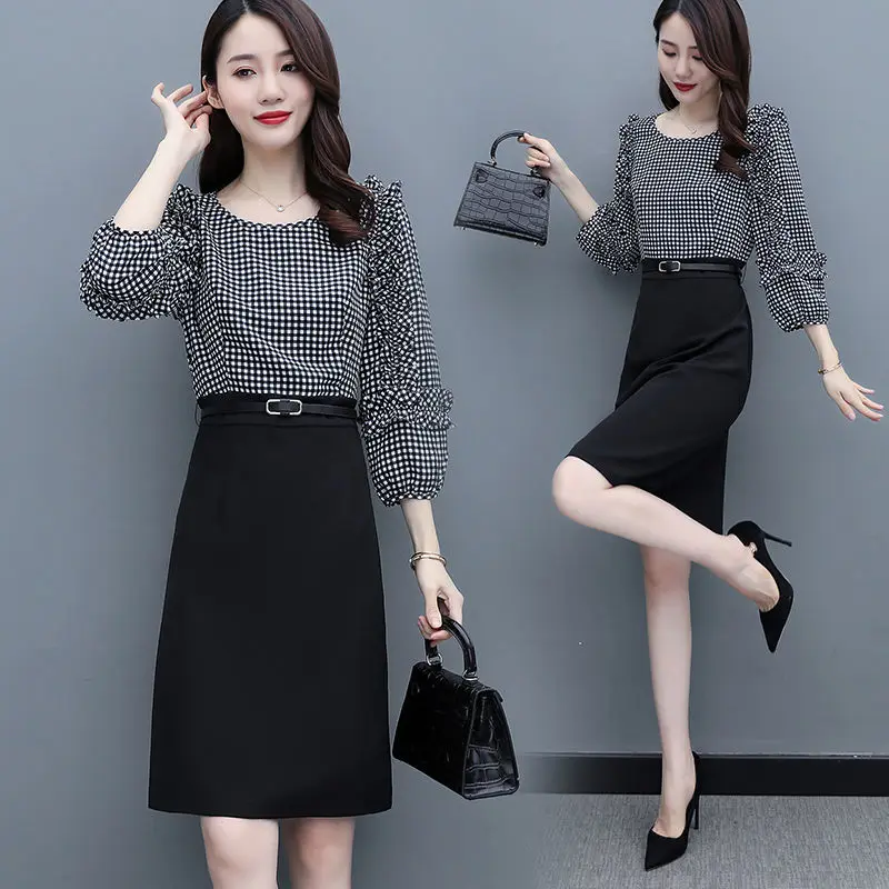 

2022 New Spring Autumn Fashion lattice Women Dresses New Long Sleeve Elegant Ladies Office Mid Long Dress Vestidos Clothing