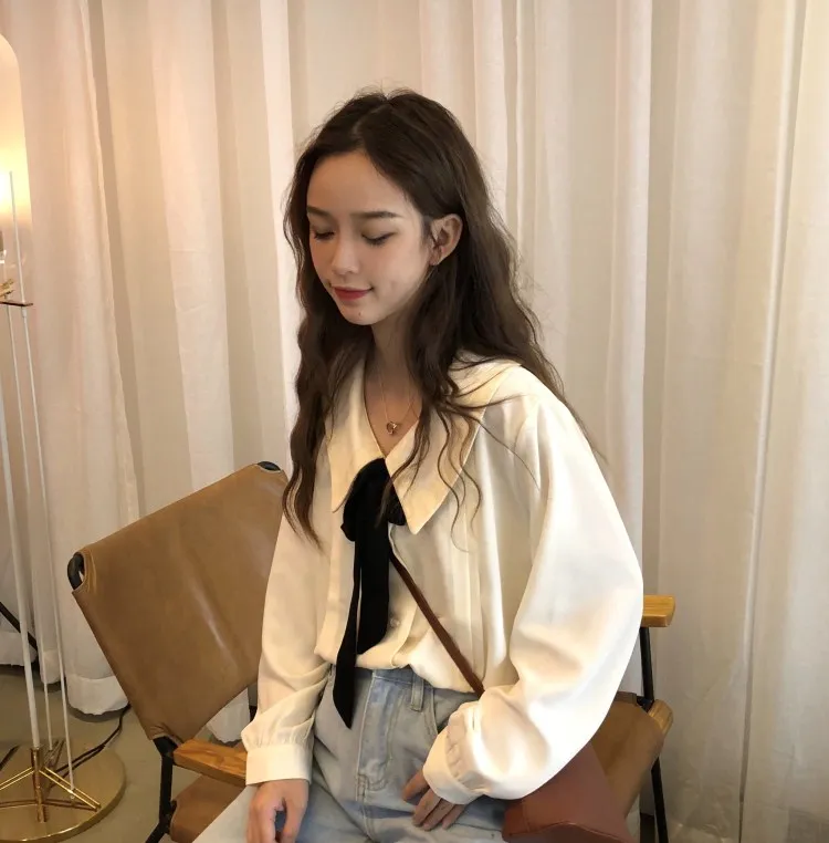 Blusas mujer de moda для женщин на осень-зиму в японском стиле свежий Длинные рукава с отложным воротником кофточка с бабочкой рубашка s(ba1172