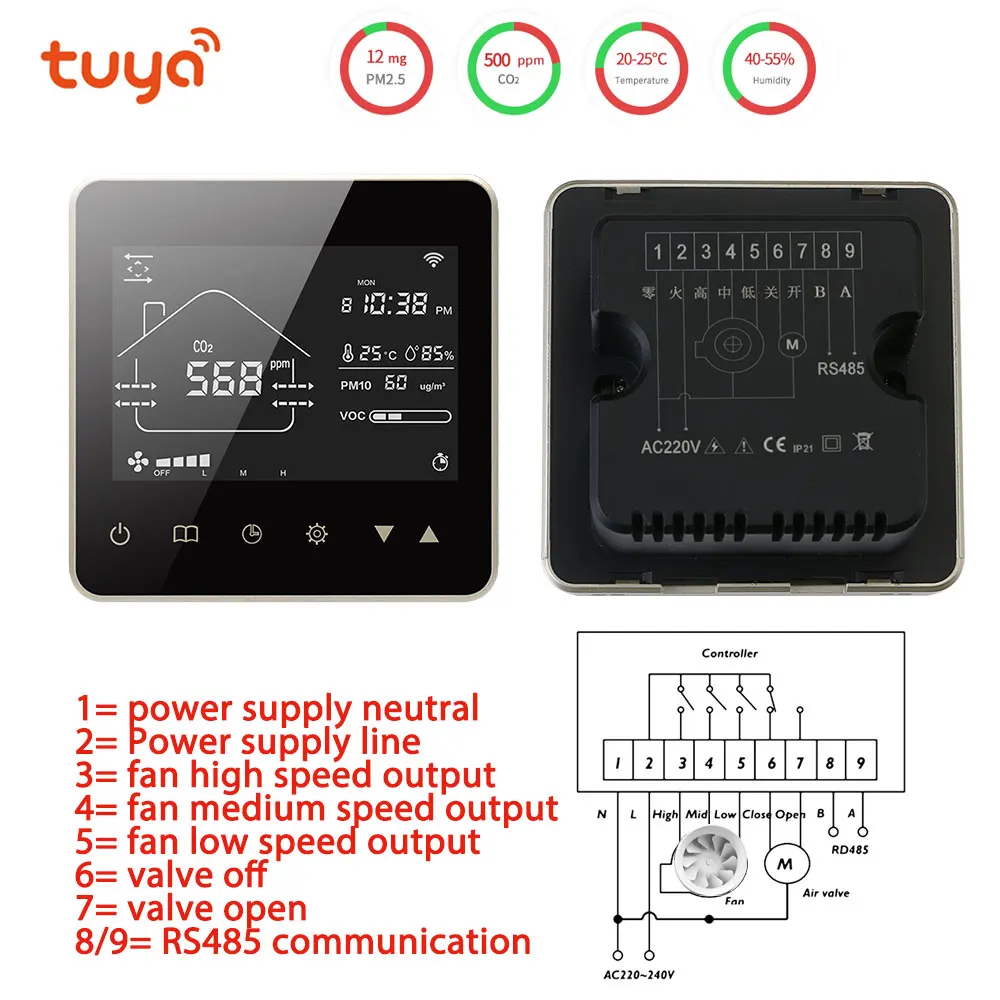 Tuya WIFI Air Valve Controller for Ventilation System with CO2 PM2.5 VOC RS485 Three Speed Control Remote Intelligent Switch NEW