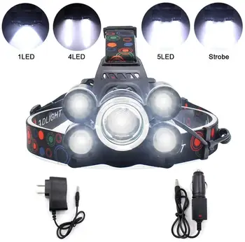 

Ultra Bright Headlight 5000 Lumen Waterproof Head Lamp W 2 Rechargeable 18650 Batteries Wall Charger Car Charger For Camping Bi