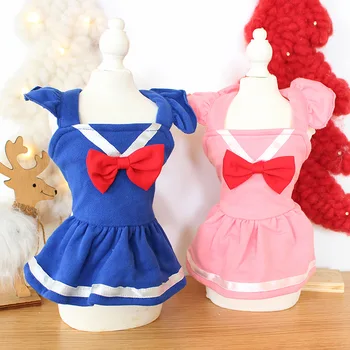 

Autumn and Winter Small Flying Sleeve Ubrania Dla Psa Dress for Dog Blue Pink Colors Pet Skirt with Bow Decor Girl Dog Clothes