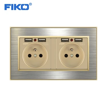 

FIKO 2gang 16A wall power standard Household FR EU socket ，French socket with dual USB，stainless steel panel socket ，146mm*86mm