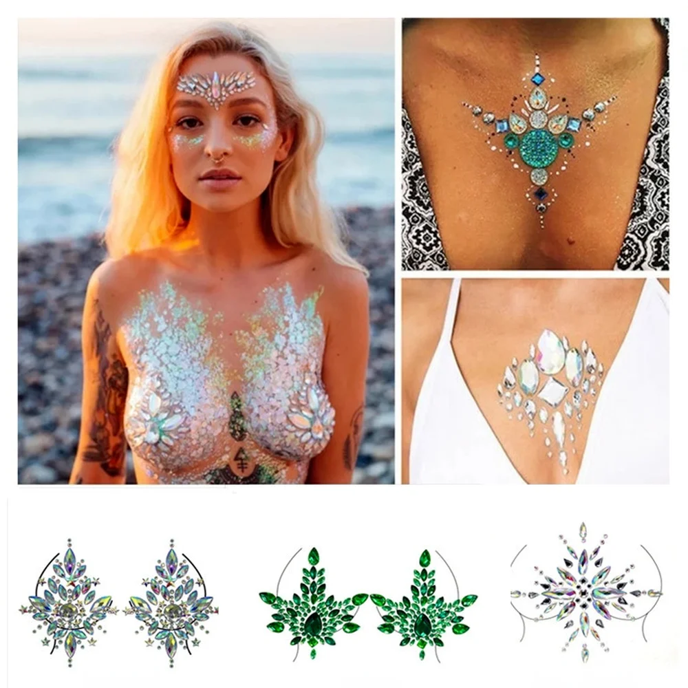 Temporary  Women's Tattoos Fake Tattoo Stickers Chest Jewels Crystal Face Decoration Diamond Acrylic Rhinestone Face Stickers push start button bling car engine ignition button protective cover crystal rhinestone women car start stop button decoration