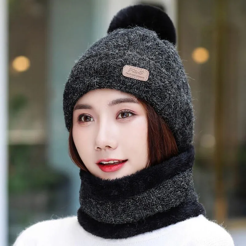 SUOGRY Hot Selling 2pcs Ski Cap And Scarf Cold Warm Leather Winter Hat for Women Knitted Hat Bonnet Warm Cap Skullies Beanies