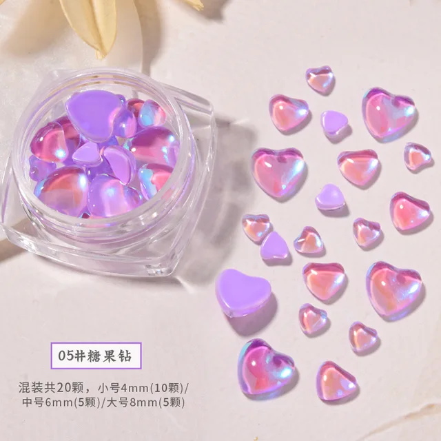 FlorVida 20pcs Sweet Heart Mermaid Rhinestone Beads Holographic Crystal Gems Stones For Nail Art Decorations Mix Size Box Kawaii 20pcs Heart 05