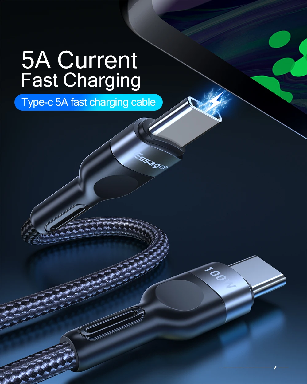 iphone charger adapter Essager 100W USB Type C To USB C Cable USB-C PD Fast Charging Charger Wire Cord For Macbook Samsung Xiaomi Type-C USBC Cable 3M android charger