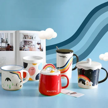 

Rainbow Color Cute Ceramics Mug Creative Personality Cup Lovely Office Coffee Milk Christmas Gift Mug for Friends Lover LC