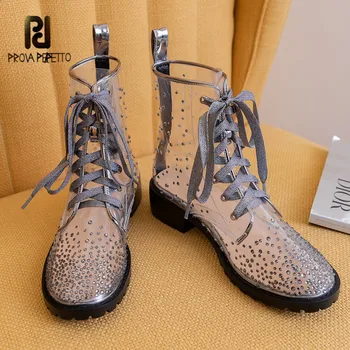 

Prova Perfetto transparency Ankle Boots Women Cross-tied Crystal Shoes Madam Waterproof Fashion Rainshoes Zapatillas Mujer Shoes