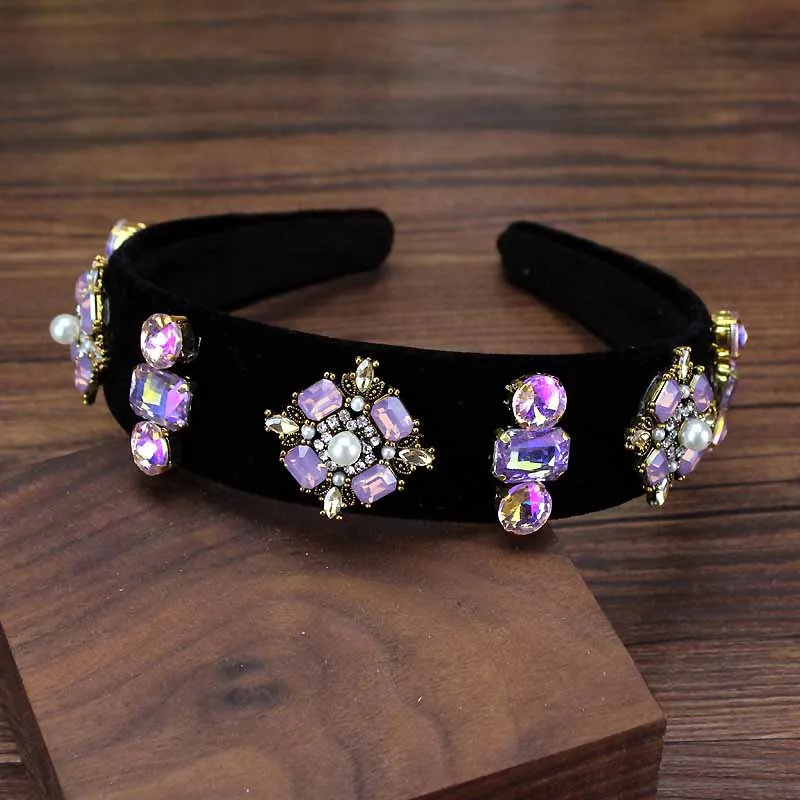 purple headband Винтажная роскошь барокко AB фиолетовая и черная Хрустальная лента для волос Бохо опал повязка на голову с жемчужным цветком для женщин аксессуары для волос ювелирные изделия - Окраска металла: purple headband