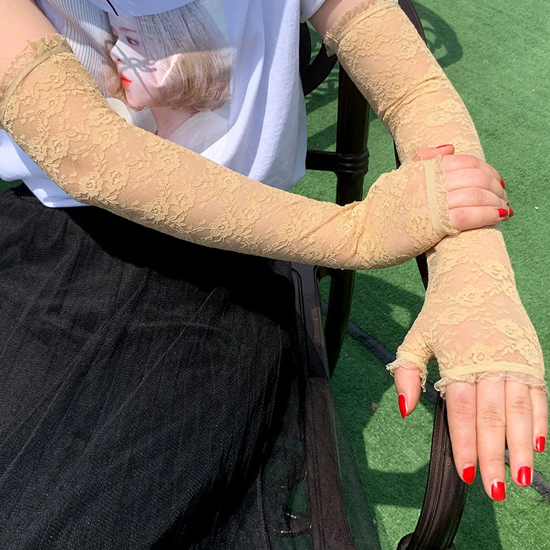 Women Summer Arm Sleeves Gloves Sexy Lace Flowers Gloves Fingerless Mittens Covered Scar Elastic Sleeve Driving Sunscreen Gloves
