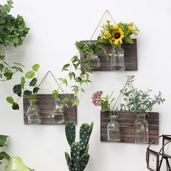 

Rural Style Wooden Wall Hanging Glass Vase Creative Hydroponic Plant Vase Home Office Wall Decoration
