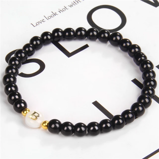 Fashion 26 Initial Letter Charm Bracelet Adjustable 6mm Black Glass Beads  Beaded Bracelets for Women Men Jewelry - AliExpress