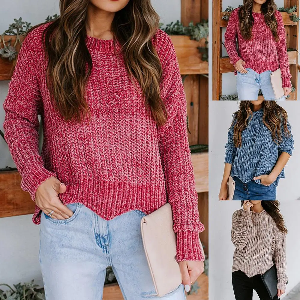 

Womens O Neck Pullover Irregular Hem Solid Sweaters 2020 Fashion Long Sleeves Loose Knit Tops