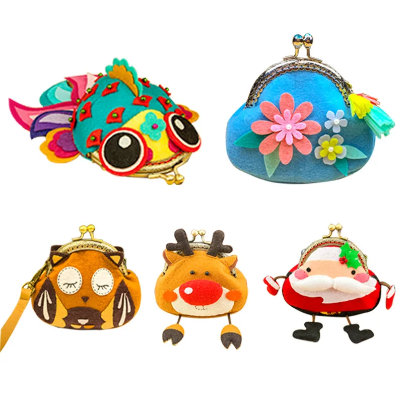 

DIY Craft Kit 5 Styles Cartoon Christmas Felt Purse Handmade Craft Sets Handbag Sewing Felt Animals Fish Wallet Material Package