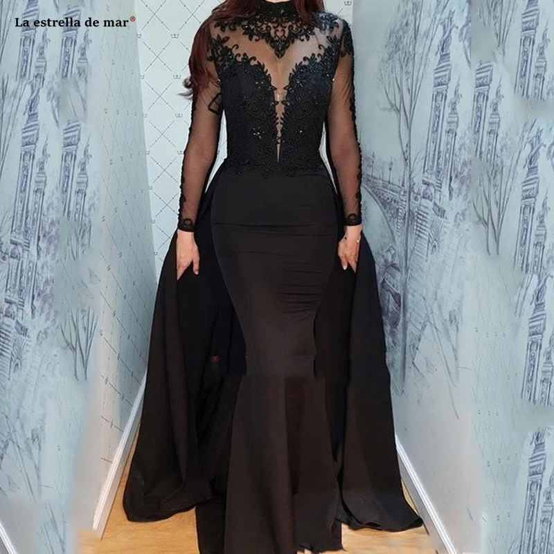

2019 Vintage Black Long Sleeves Evening Dresses High Neck Muslim Arabic Appliqued Sheer Pageant Prom Gowns Formal Gothic Party
