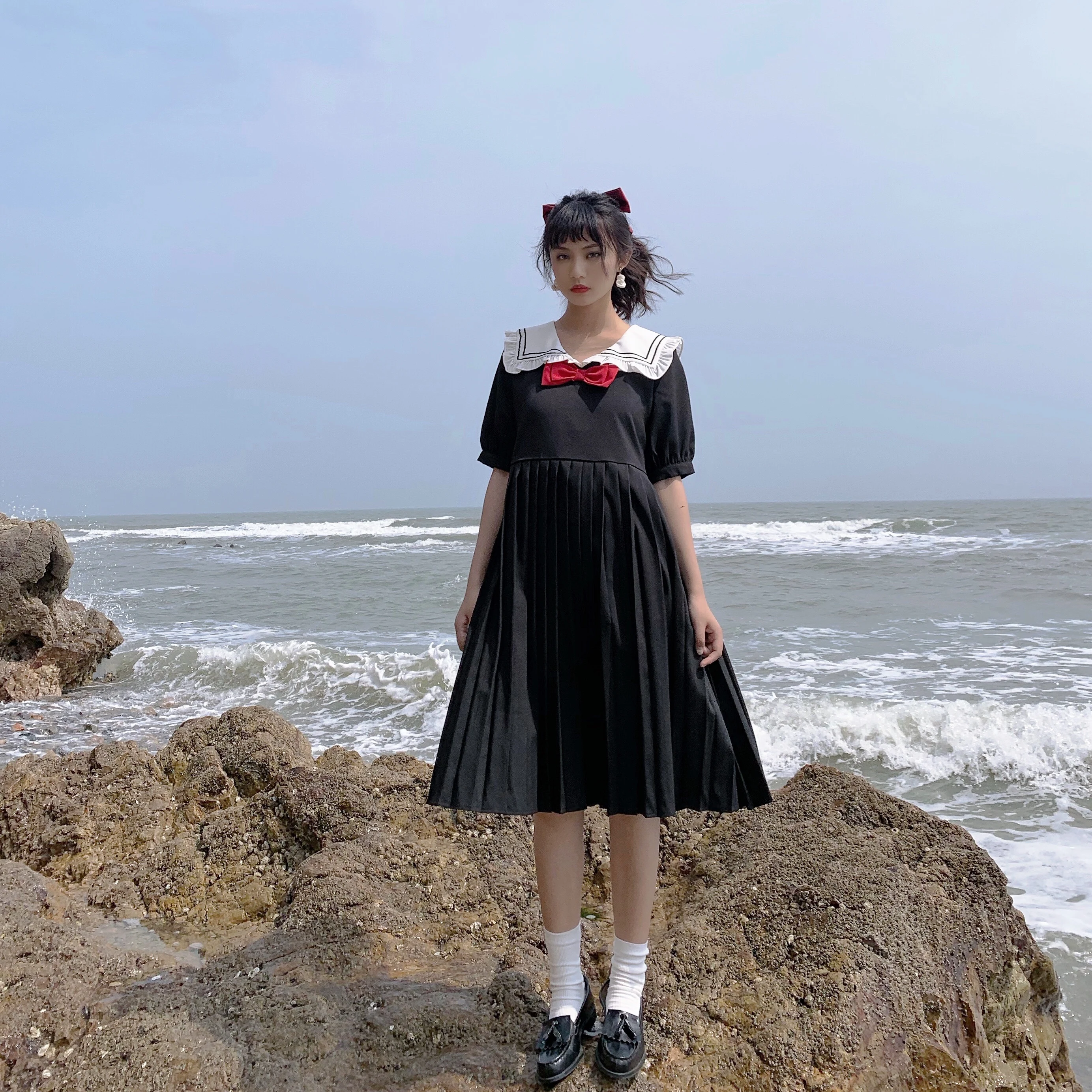 Japanese Preppy Style Sweet Soft Girl Dress Sailor Collar Bow Vintage Puff Sleeve Dress Kawaii Pleated Cute Girly Dresses