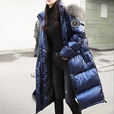 Blue Однотонное меховое длинное пуховое пальто, женская Светоотражающая куртка, глянцевая парка с капюшоном размера плюс, пальто для женщин, Harajuku, теплые белые пуховики на утином пуху - Цвет: Blue