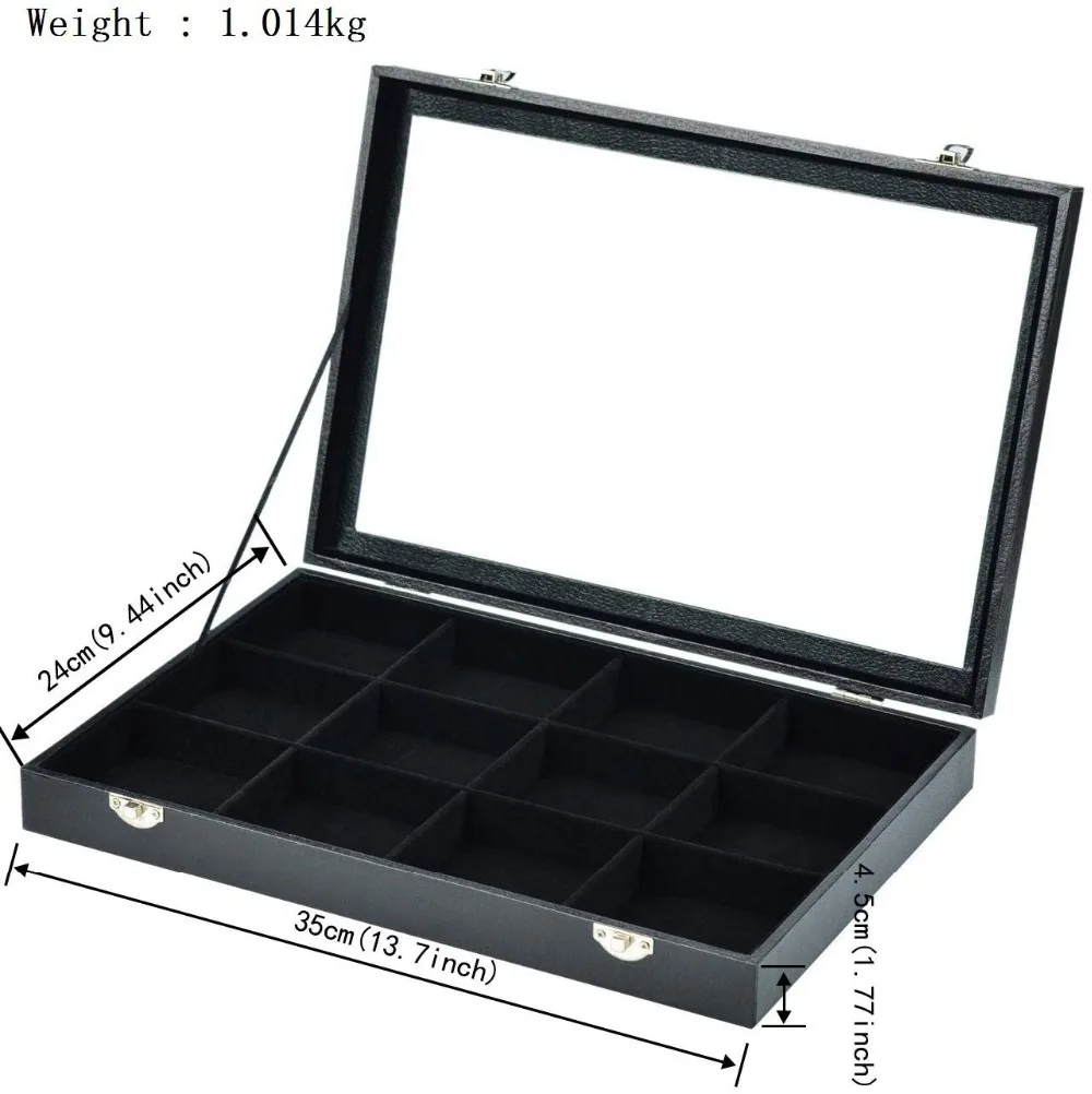 Velvet 12 Grid Jewelry Tray Box Removable Display Case Organizer With Glass Lid Lockable Necklace Organizer Earrings Box- Black