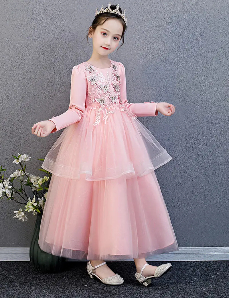 Зимнее кружевное свадебное платье принцессы с цветочной вышивкой; элегантные вечерние платья-пачки с аппликацией для девочек; вечернее платье для девочек