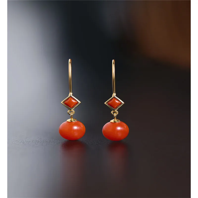 Женские сережки DAIMI круглые серьги из красного агата с золотым покрытием и