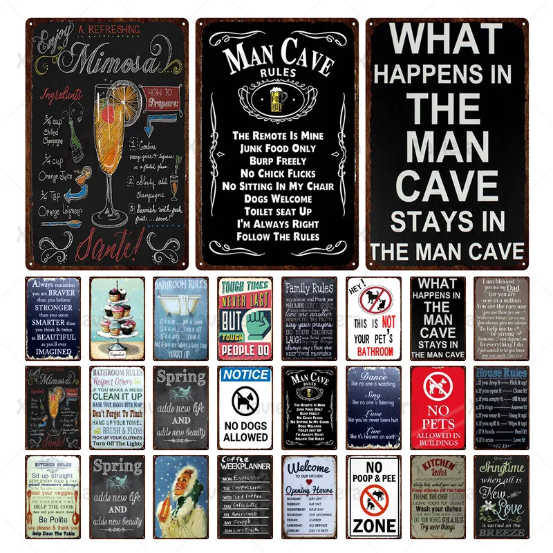 

Metal Wall Art Tin Sign House & Family & Kitchen Rules Vintage Poster Rules Home Decoration Door Sign Board Apartment Bar Public
