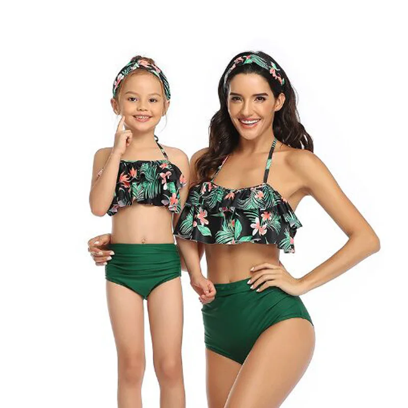 

XEONGKVI Europe America Nylon Falbala Printing High Waist Bikini Set Bathing Suit Summer Beach Parent-child Swimwear Women Girl