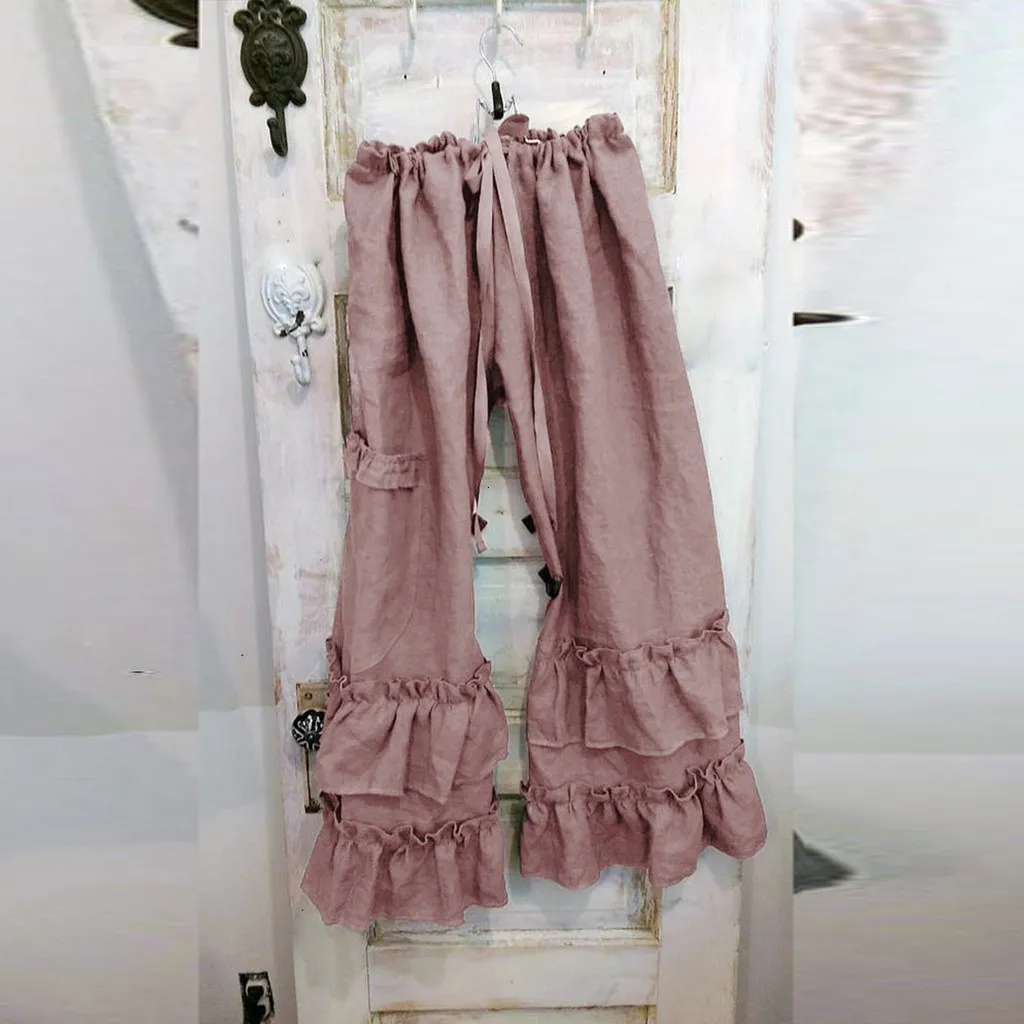 Женские повседневные штаны с эластичной талией, большие размеры, Pantalon свободные штаны с оборками, одноцветные хлопковые льняные брюки