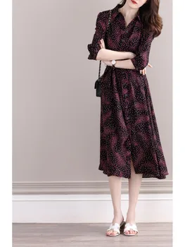 

Women Floral Print Long Dress With Sashes Turn Down Collar Three Quarter Sleeve Midi Dress