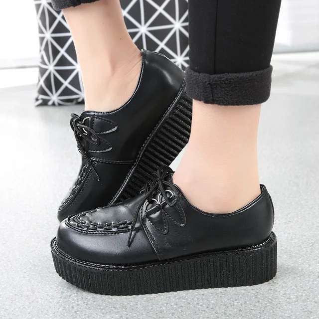 Leather black Осенние кроссовки на платформе; женская Вулканизированная обувь; Creeper женская обувь на шнуровке; женские кроссовки на плоской подошве; модная женская обувь - Цвет: Leather black