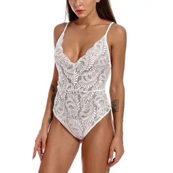 

Hot Sale Sexy 2019 Jumpsuits Women Deep V Sheer Bodysuits Backless Halter Lace Bodysuit Transparent Female Bodysuits W