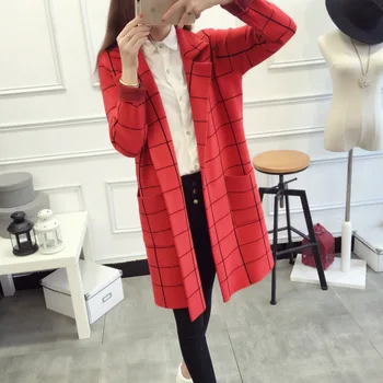 

2020 New Autumn Winter High Quality Long Cardigan Women Sweater Long Sleeve Knitted Plaid Cardigans Female Tricot Tops