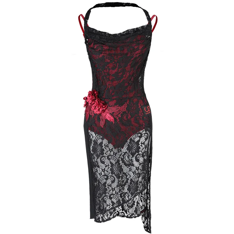 Латинское платье для танцев черные сексуальные кружевные платья из двух частей комплект Для женщин Румба Чача Самба Танго взрослых конкурсное выступление одежда DN4058 - Цвет: Красный