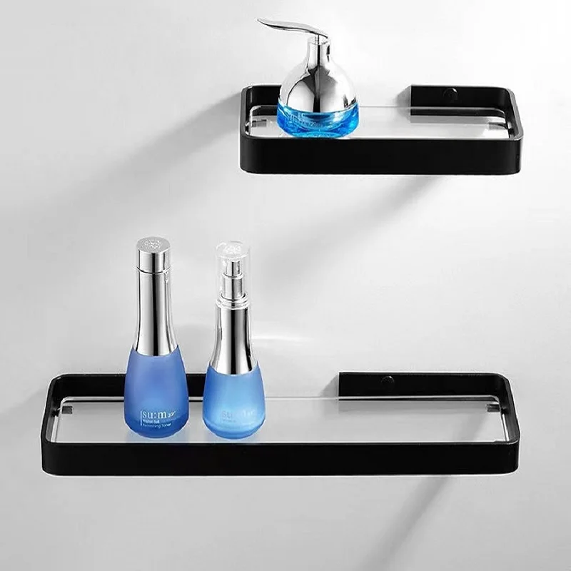 BathroomShelfAluminumSquareShowerShelfGlassShowerShelfBlackFinishStorageBasket