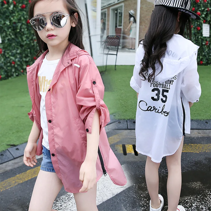 Летняя новая стильная Солнцезащитная Одежда для девочек, пальто, детская верхняя одежда средней длины для больших мальчиков, пальто