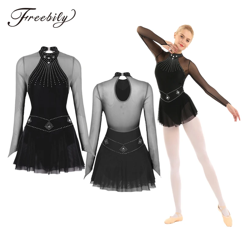 Adult Shiny Rhinestones Long Sleeve Mesh Splice Ballet Gymnastics Leotard Women Figure Skating Dress Competition Dance Costumes