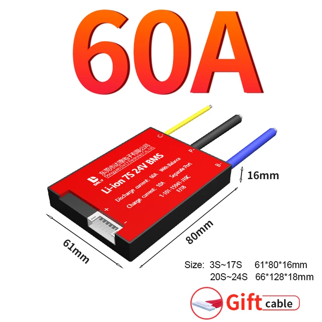 Daly BMS Li-Ion LiFePO4 BMS 3s-24s 12V 24v 36V 48V 60V 72V 29,6 in15A 20A 30A 40A 50A 60A 80A 100A 120A 150A Lithium battery BMS 60A separate