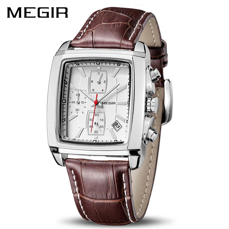 MEGIR Square Chronograph Quartz Men Watch Genuine Leather Watches Clock Waterproof Luminous Relogio Masculino 2028G | Наручные часы