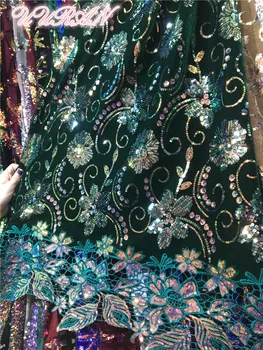 

5 Yards Sequins Embroidery French Net Lace Fabric Green African Velvet Lace Fabric for Sexy Dress