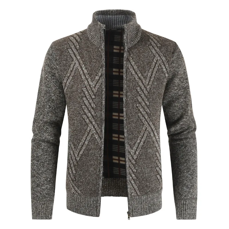 Stand collar knit jacket men's geometric pattern fashion slim trend Korean knit cardigan plus velvet warm sweater 2019 New Stand collar knit jacket men's geometric pattern fashion slim trend Korean knit cardigan plus velvet warm sweater 2019 New