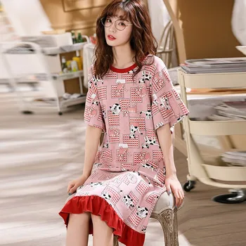 

Summer Women Fashion Striped Stitching Sleepdress Sweet Cute Cartoon Printed Short Sleeve Nightdress New Arrival