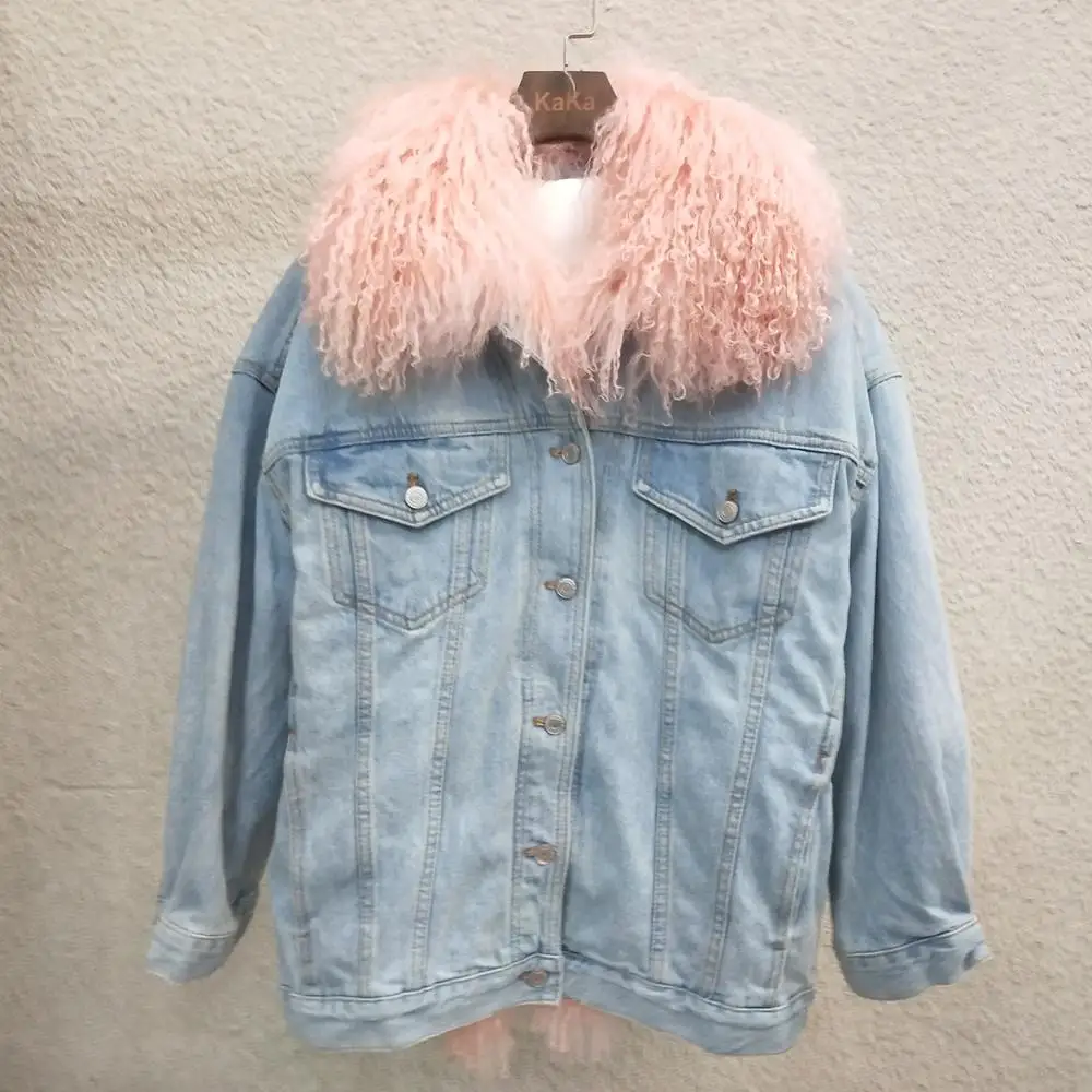 Abrigos mujer invierno2019 пальто с натуральным мехом женская зимняя джинсовая куртка с рисунком из мультфильма верхняя одежда с воротником из натуральной овечьей шерсти Толстая теплая