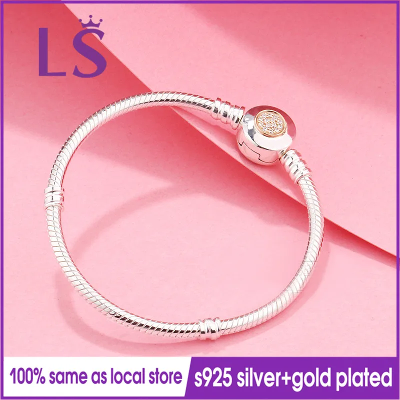 LSLuxury 925 пробы серебро& 14.K G. Старая покрытая подписью застежка прозрачный CZ браслеты для женщин подходят оригинальные бусины Шарм W