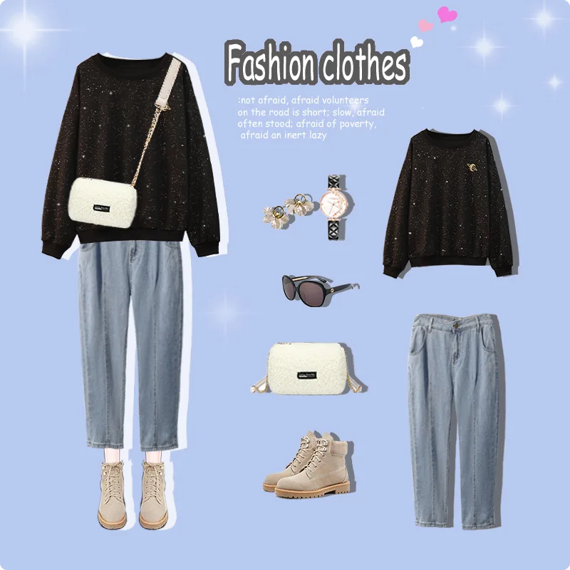 

Photo Shoot 2020 Spring New Style Large Size Flashing Loose-Fit Hoodie + Jeans Women's Dad Pants Two-Piece Set